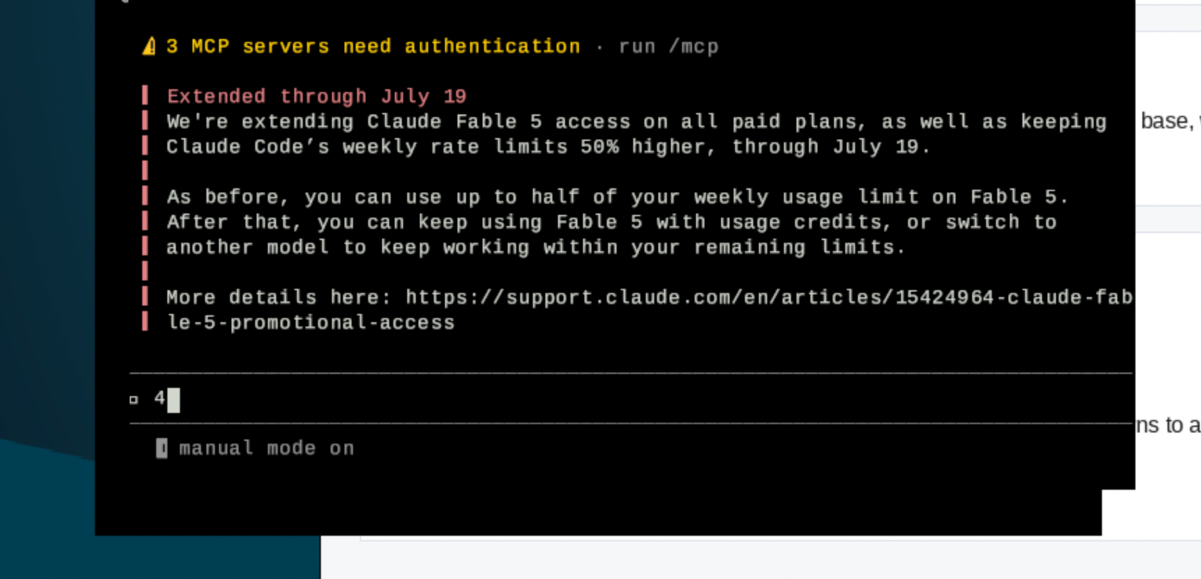 A terminal window inside the Lisp desktop running Claude Code: a release-notes banner, a warning that three MCP servers need authentication, a promotional notice, and a prompt at the bottom reading manual mode on.