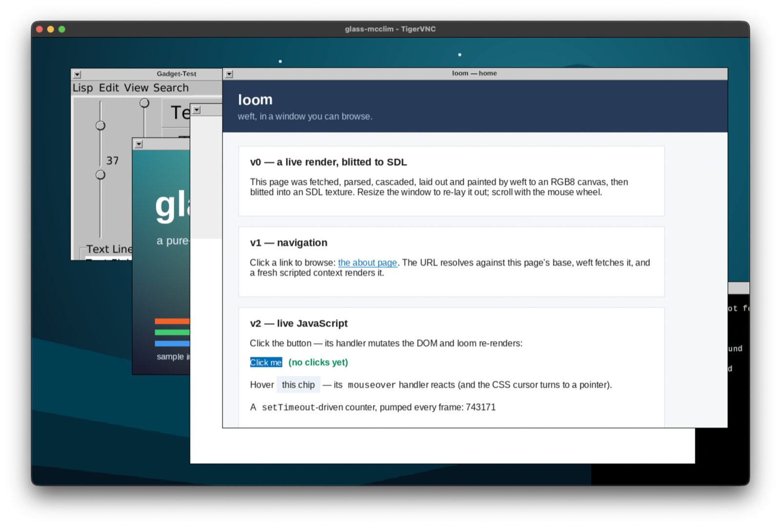 A VNC session titled glass-mcclim showing overlapping windows: a loom browser window rendering a page with headings v0, v1 and v2, a McCLIM gadget test window with sliders, and a glass splash window behind them.
