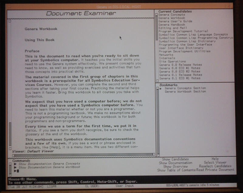 A photograph of a CRT displaying Symbolics Genera: a Document Examiner window showing the Genera Workbook preface, with panes for current candidates, bookmarks, and a command area along the bottom.