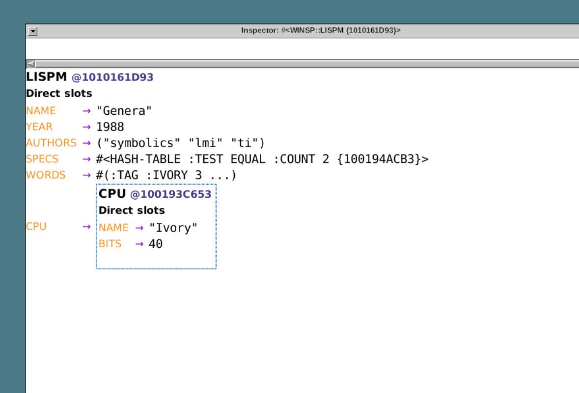 An object inspector window titled Inspector: #<WINSP::LISPM>. It lists direct slots: NAME is Genera, YEAR is 1988, AUTHORS is a list of symbolics, lmi and ti, SPECS is a hash table, WORDS is a vector, and CPU expands inline into a nested object whose NAME is Ivory and BITS is 40.