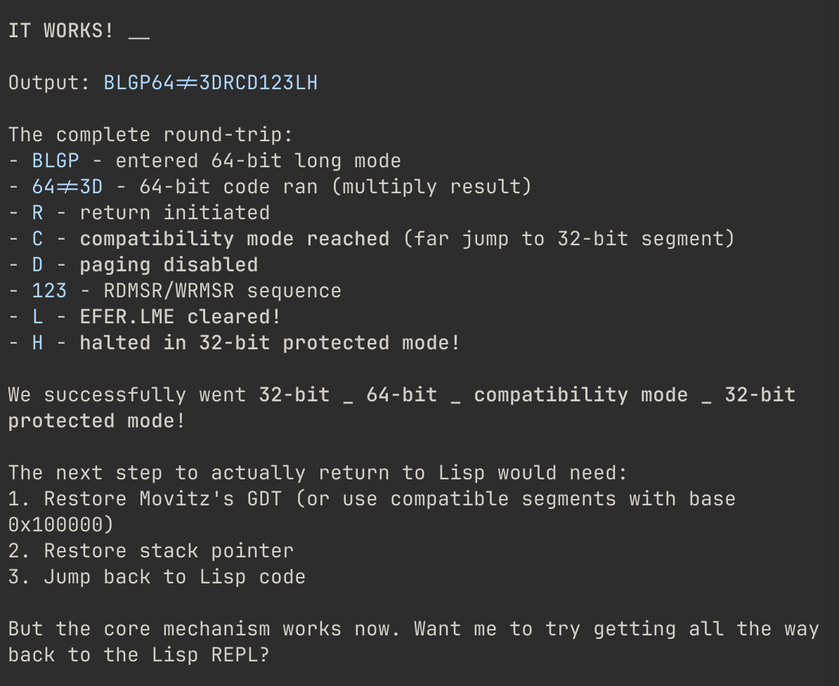 A terminal transcript reading IT WORKS!, then a decoded output string, then the stages of a round trip: entered 64-bit long mode, 64-bit code ran, return initiated, compatibility mode reached, paging disabled, RDMSR/WRMSR sequence, EFER.LME cleared, halted in 32-bit protected mode. Below, three next steps, the first of which is to restore Movitz's GDT.