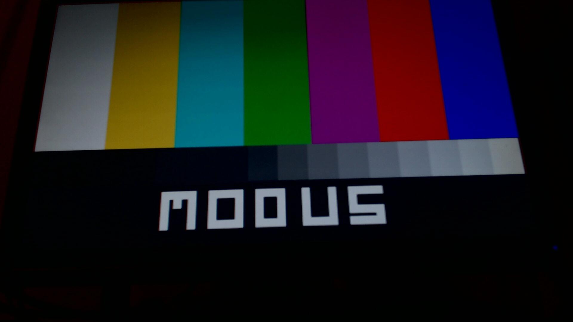 A webcam frame of a monitor showing seven vertical colour bars over a grey ramp, with the word MODUS in a blocky pixel font beneath.
