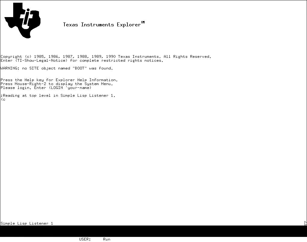 A monochrome screen showing the Texas Instruments Explorer boot banner with the TI logo, copyright lines dated 1985 to 1990, a warning that no SITE object named BOOT was found, and a prompt reading: Reading at top level in Simple Lisp Listener 1.